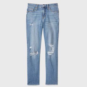 Straight Leg Distressed Cropped Jeans, High Waist